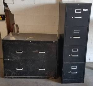 lot 141 image: 2 metal filing cabinets as shown. You are bidding by the piece