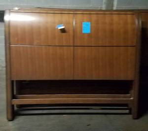 lot 405 image: KIng size headboard with platform bed in medium finish as shown. Condition varies. Please Note These items will be distributed on a First come - First served basis. You are bidding by the piece