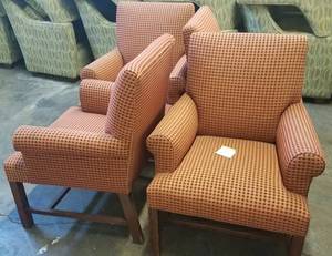 lot 486 image: 4 cushioned upholstered chairs with wood frame in stylecolorcondition shown. You are bidding by the piece