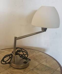 lot 508 image: Desk lamp with white plastic shade in stylecolorcondition shown. Please note These will be distributed on a First come - First served basis. You are bidding by the piece