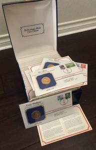 lot 518 image: The Presidential Medals Cover Collection in gold embossed box with medals and stamps. 40 pieces. All presidents from Washington to Bush Sr. Each medal was produced at the U.S. Mint then electroplated with 24k gold by the Postal Commemorative Society.