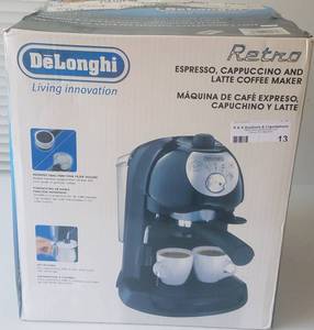 lot 13 image: Delonghi Retro espresso, cappuccino, and latte coffee maker type BAR32 in new, sealed box as shown.