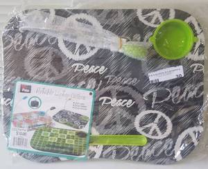 lot 30 image: Portable laptop cushion with LED light, cup holder and handle in new package as shown.