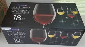 lot 74 image: New 18 piece all purpose wine stems in box as shown.