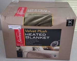lot 75 image: New Sunbeam velvet plush heated blanket in box as shown.