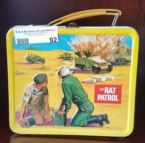 lot 92 image: Vintage 1967 The Rat Patrol lunch box with Thermos inside in solid condition as shown.