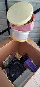 lot 103 image: Lot of assorted pots, pans, Tupperware and more as shown. Nice mixed lot