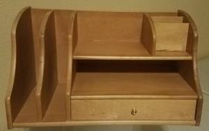 lot 8 image: DESK TOP WOODEN ORGANIZER WITH DRAWER IN STYLE AND COLOR SHOWN. MEASURES APPROX. 18 x 10 x 10.