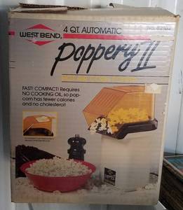 lot 45 image: VINTAGE 1989 WEST BEND 4 QT. AUTOMATIC POPPERY II HOT AIR CORN POPPER MODEL 82102 IN ORIGINAL BOX AS SHOWN. LOOK IT UP