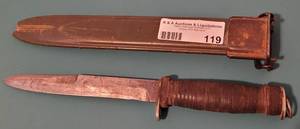 lot 119 image: VINTAGE KNIFE WITH HARD SHEATH MARKED U.S. AS SHOWN. MEASURES APPROX. 11.5 LONG (6.5 BLADE).