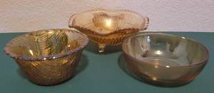 lot 90 image: LOT OF 3 VINTAGE CARNIVAL GLASS DISHES IN STYLESCOLORS SHOWN. (YOUR BID X 3)