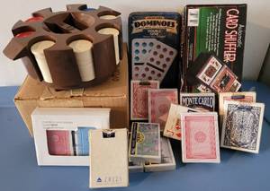 lot 95 image: GAMING LOT INCLUDING CARD SHUFFLER, CHIPS, DOMINOES AND DECKS OF CARDS AS SHOWN. NICE MIXED LOT