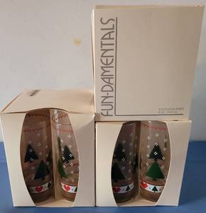 lot 97 image: VINTAGE FUN-DAMENTALS CHRISTMAS THEME COOLER GLASSES FROM DILLARDS IN ORIGINAL BOXES AS SHOWN. 12 COUNT.