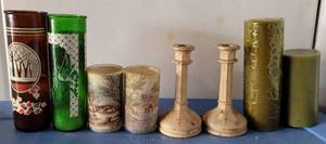 lot 109 image: VINTAGE GLASS CANDLE HOLDERS PLUS CANDLES AS SHOWN.