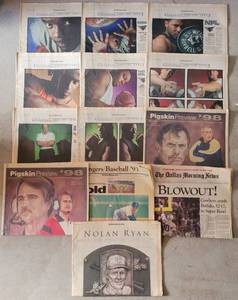 lot 111 image: 1990S SPORTS SECTIONS DALLAS MORNING NEWS INCLUDING COWBOYS, NOLAN RYAN, COLLEGE FOOTBALL AS SHOWN.