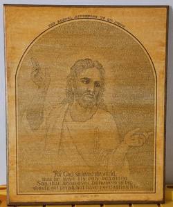 lot 135 image: RARE FIND JESUSCHRIST PRINT MADE WITH THE WORDS OF THE 879 VERSES OF THE GOSPEL ACCORDING TO ST. JOHN. COPYRIGHT 1962. MEASURES APPROX. 19 x 25. MUST SEE