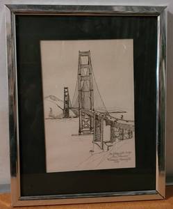 lot 162 image: FRAMED SKETCHED PICTURE OF THE GOLDEN GATE BRIDGE BY DIARMUID HARRINGTON. COPYRIGHT 1975.