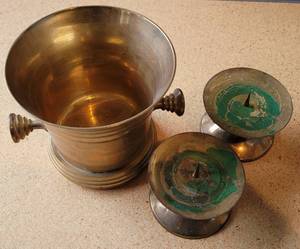 lot 172 image: BRASS DOUBLE-HANDLE VASE AND CANDLE HOLDERS AS SHOWN.