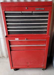 lot 212 image: LOT OF 2 CRAFTSMAN TOOL BOXES AS SHOWN. TOP CHEST HAS 10 COMPARTMENTS AND BOTTOM CHEST HAS 2 DRAWERS AND LARGE STORAGE AREA. (YOUR BID X 2)