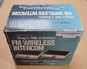 lot 30 image: PLUGN TALK 2 STATION FM WIRELESS INTERCOM IN BOX AS SHOWN.
