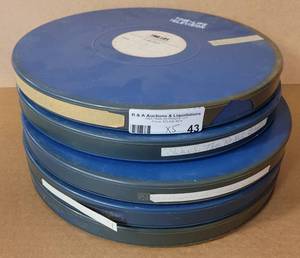 lot 43 image: VINTAGE ROUND MOVIE REEL CASES WITH FILM STRIP AS SHOWN.