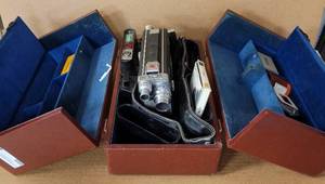 lot 49 image: VINTAGE CINE-KODAK 16MM MOVIE CAMERA MODEL K-100 WITH CASE AND ACCESSORIES AS SHOWN. MUST SEE