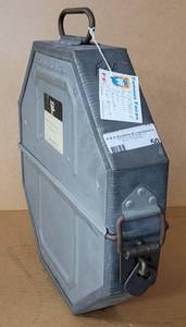lot 50 image: VINTAGE METAL MOVIE REEL BOX WITH FILM STRIP AS SHOWN.