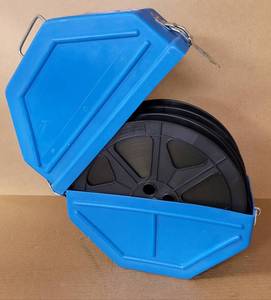 lot 53 image: VINTAGE MOVIE REEL BOX WITH 3 FILM STRIPS AS SHOWN.