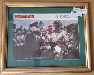 lot 112 image: FRAMED VINTAGE PEANUTS  SNOOPY JUNE 6, 1944 TO REMEMBER PICTURE AS SHOWN.