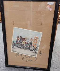 lot 118 image: MOTORCYCLE THEMED INK ART BY BASS AS SHOWN.