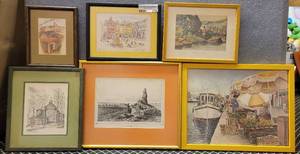 lot 210 image: LOT OF 6 FRAMED PRINTS IN STYLEDESIGNS SHOWN.