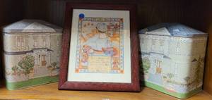 lot 222 image: DECORATIVE TIN CANISTERS AND FRAME AS SHOWN.