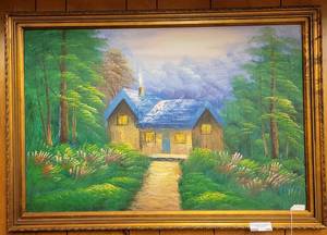 lot 229 image: FRAMED CABIN PAINTING AS SHOWN.