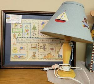 lot 235 image: FRAMED ARTWORK AND NURSERY LAMP AS SHOWN.