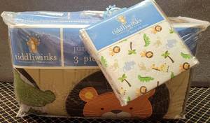 lot 238 image: TIDDLIWINKS JUNGLE FRIENDS 3-PIECE CRIB BEDDING SET PLUS FITTED CRIB SHEET AS SHOWN.