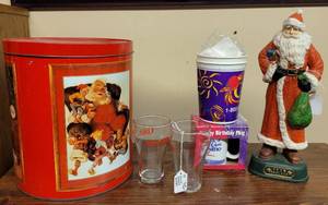 lot 239 image: COCA-COLA TIN CONTAINER, GLASSES AND MORE AS SHOWN.