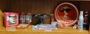 lot 242 image: COCA-COLA ITEMS INCLUDING VINTAGE STAINED GLASS STYLE GLASSES, TRAY, AND MORE AS SHOWN.