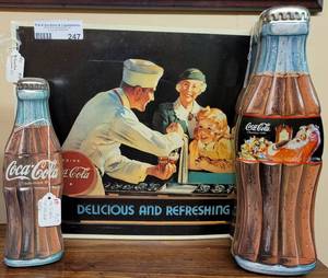 lot 247 image: COCA-COLA METAL SIGN AND TIN BOXES AS SHOWN.