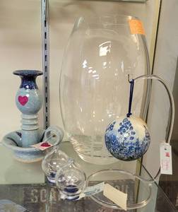 lot 264 image: ETCHED GLASS STYLE VASE AND MORE AS SHOWN.