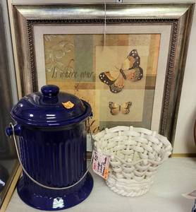 lot 265 image: VINTAGE CERAMIC BASKET, KITCHEN COMPOST CROCK, FRAMED ARTWORK AS SHOWN.