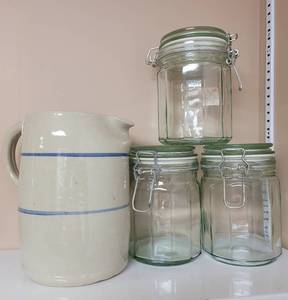 lot 289 image: CROCK STYLE PITCHER AND MASON JARS AS SHOWN.