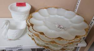 lot 295 image: VINTAGE MILK GLASS STYLE DISHES AND MORE AS SHOWN.