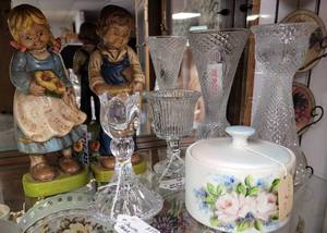 lot 314 image: VINTAGE 1970S BOY AND GIRL FIGURINES (MEXICO), CERAMIC TRINKET BOX WITH LID, GLASS CANDLE HOLDERS AS SHOWN.