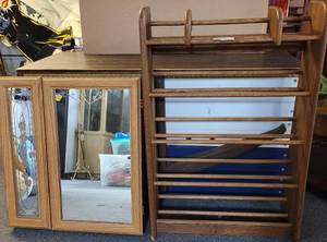 lot 318 image: VINTAGE WOODEN SHOE RACK AND CABINET WITH MIRRORED DOORS AS SHOWN.