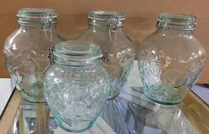 lot 324 image: VINTAGE VETRERIA ETRUSCA (VE) EMBOSSED GLASS CANISTERS WITH FRUIT EMBELLISHMENTS AS SHOWN.