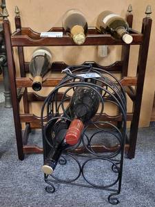 lot 341 image: 2 WINE BOTTLE RACKS INCLUDING ONE WROUGHT IRON STYLE AND ONE WOODEN AS SHOWN.