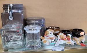 lot 344 image: VINTAGE HOMCO BISQUE DOG FIGURE, CANISTERS, TEALIGHT HOLDERS AS SHOWN.