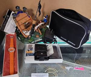 lot 345 image: LADIES WATCH, PERRY ELLIS TRAVEL RAZOR, NORELCO SHAVER, DEPT. 56 SHIP COLLECTIBLE AS SHOWN.