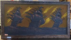 lot 353 image: VINTAGE FRAMED AVOCADO SHIP PAINTING IN STYLECOLORCONDITION SHOWN.