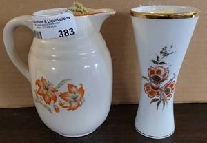 lot 383 image: VINTAGE BAVARIAN VASE 1902 WITH GOLD RIM AND PITCHER WITH FLORAL MOTIF AS SHOWN.